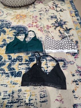 Calvin Klein Trio Bralette Set - Teal Green, Gray Polka Dot & Black